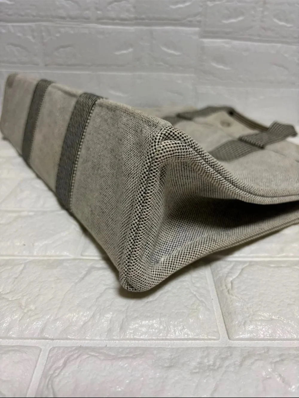 Hermes Natural Canvas Tote with Black Striped Handles